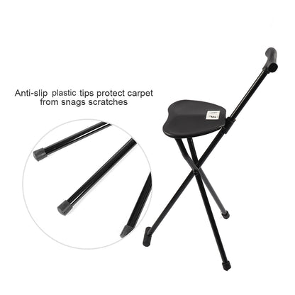 Foldable Crutch With Seat 3 Legs Handle Cane Walking Stick Unisex For Elderly