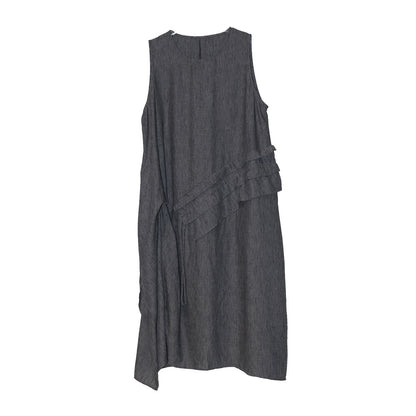 Retro Fashion Tank Top Skirt Round Neck Splicing Ruffle Edge Drawstring Mid Long Versatile Sleeveless Dress