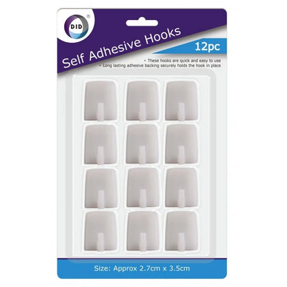 12 Pack Self Adhesive Wall Hooks – Strong Stick-On Hooks 2.7 x 3.5cm, No Drill Hanging Hooks for Kitchen, Bathroom, Bedroom, Office & Home Organisation