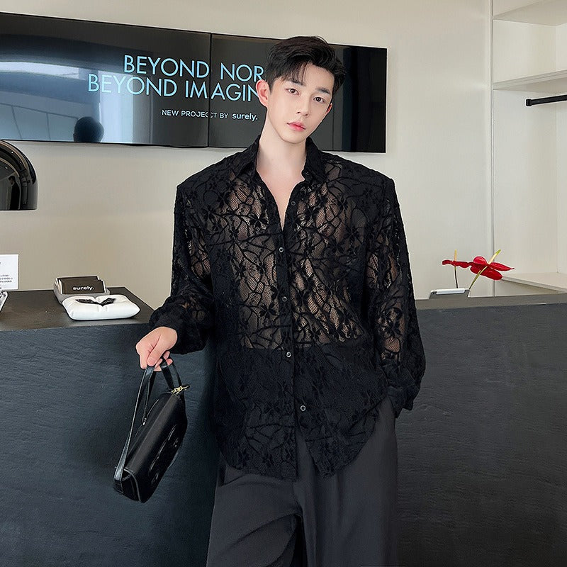 Asexual hollow embroidery jacquard micro perspective lace shirt men's front shoulder large padded shoulder long sleeved