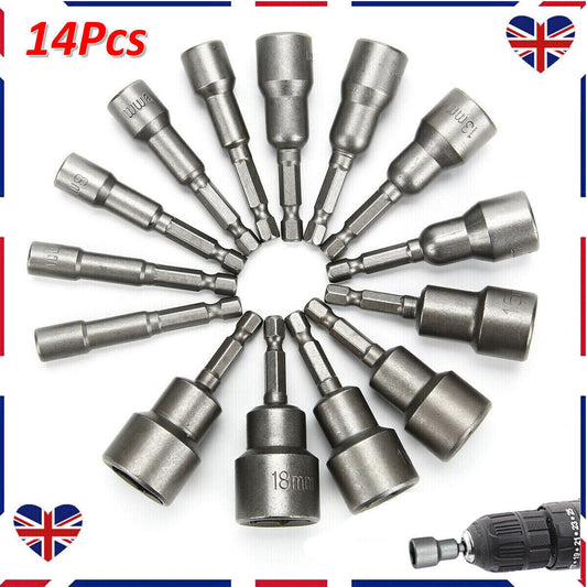 14pcs Nut Driver Bit Set Hex Magnetic Metric Socket Impact Drill 6 To 19MM UK