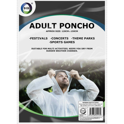 Adult Waterproof Rain Poncho 120 x 150cm – Lightweight Hooded Emergency Rain Cover for Festivals, Concerts, Theme Parks, Sports, Travel & Outdoor Events