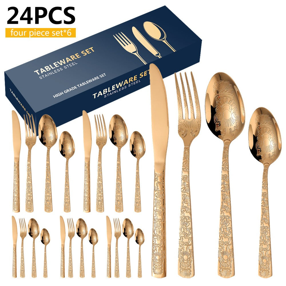 Patterned Stainless Steel Knife Fork And Spoon Cutlery 24-Piece Golden Western Steak Knife Fork And Spoon Set