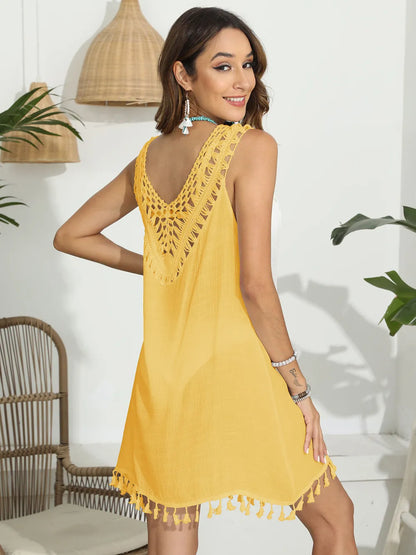 Women's hand hook splicing tassel V-neck hollow vest skirt bikini cover shirt