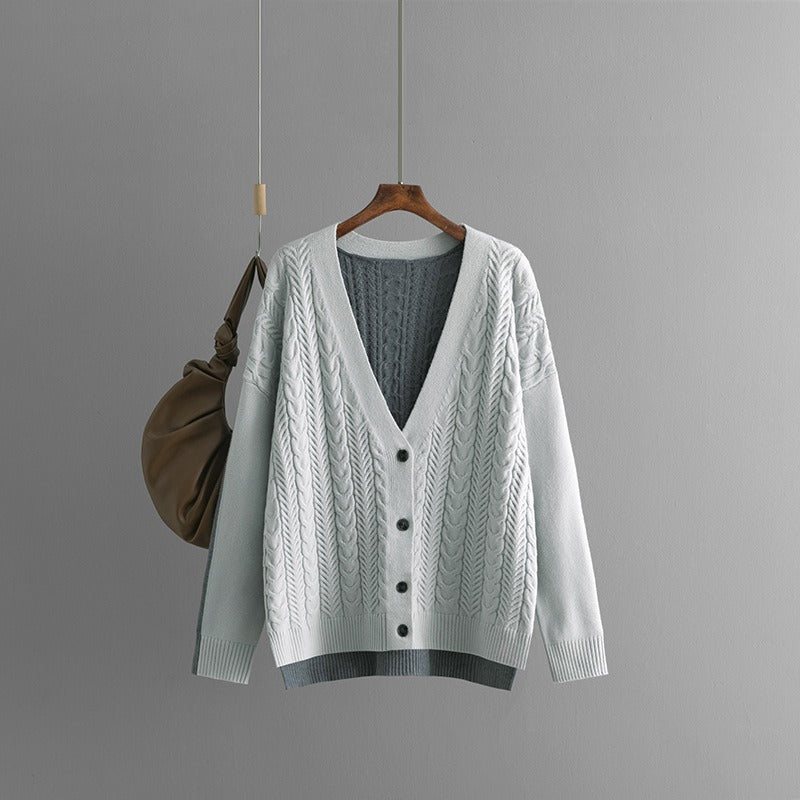 Loose color matching Fried Dough Twists V-neck knitted cardigan casual sweater coat female