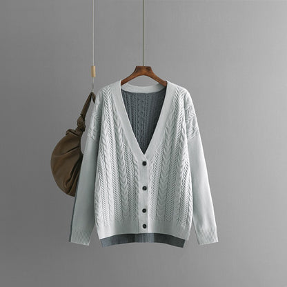 Loose color matching Fried Dough Twists V-neck knitted cardigan casual sweater coat female