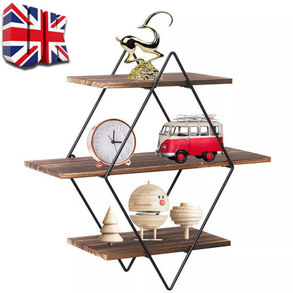 3 Tiered Floating Wall Mounted Display Shelf Wooden Shelves Black Frame Shelving