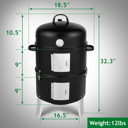 Vertical Steel Charcoal Smoker, Heavy Duty Double Layer Round BBQ Grill for Outdoor Cooking, Black