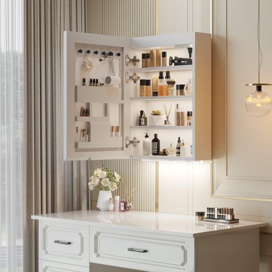 White  LED Mirror Cabinet (20*28 inches),1 Door, 4 Shelves, with Time & Temperature Display, Three-color Lighting, Adjustable Brightness, Power-off Memory