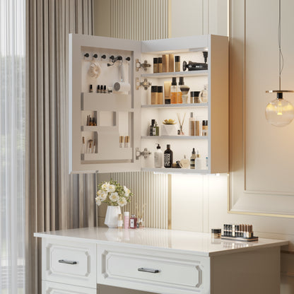 White  LED Mirror Cabinet (20*28 inches),1 Door, 4 Shelves, with Time & Temperature Display, Three-color Lighting, Adjustable Brightness, Power-off Memory