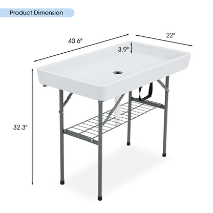 Ice Table with Drain, Folding Ice Cooler Drinks Table with Skirt, Ice Serving Buffet Bar for Party, BBQ, Camping, Garden, Folding Sink Fish/Food Cleaning Table
