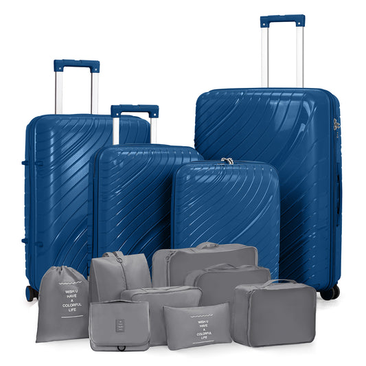 Dark Blue 4-Piece Hardside Luggage Set (18″/20″/24″/28″) + 2 Handbags, 30L Tote, 3L Toiletry Bag & 8-Piece Kit