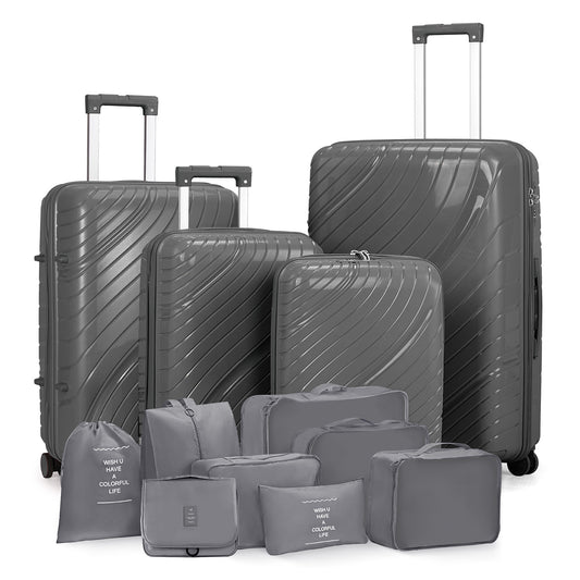Dark Gray 4-Piece PP Luggage Set (18″/20″/24″/28″) with 2 Handbags, 30L Tote & 8-Piece Toiletry Kit (3L Wash Bag) – Iron Telescopic Handle