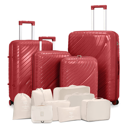 Red 4-Piece PP Luggage Set (18″/20″/24″/28″) with 2 Handbags, 30L Tote & 8-Piece Toiletry Kit (3L Wash Bag) – Iron Telescopic Handle