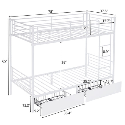 Twin Over Twin Bunk Bed with Two Storage Drawers & Full-Length Guard Rail, Heavy Duty Metal Bunk Bed for Kids Teens Adults, White