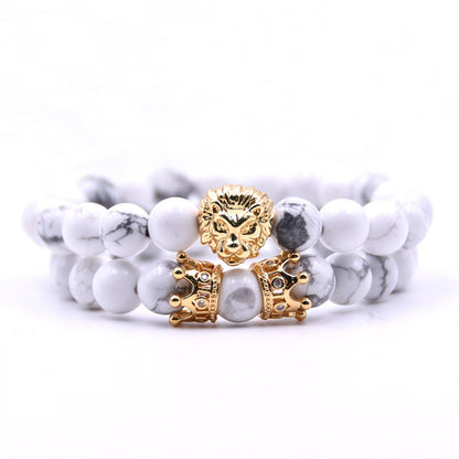 King Lion Bracelet Charm Crown Couple Braclet 5 kinds of Natural Stone Bead Braslet For Men Hand Jewelry Accessories