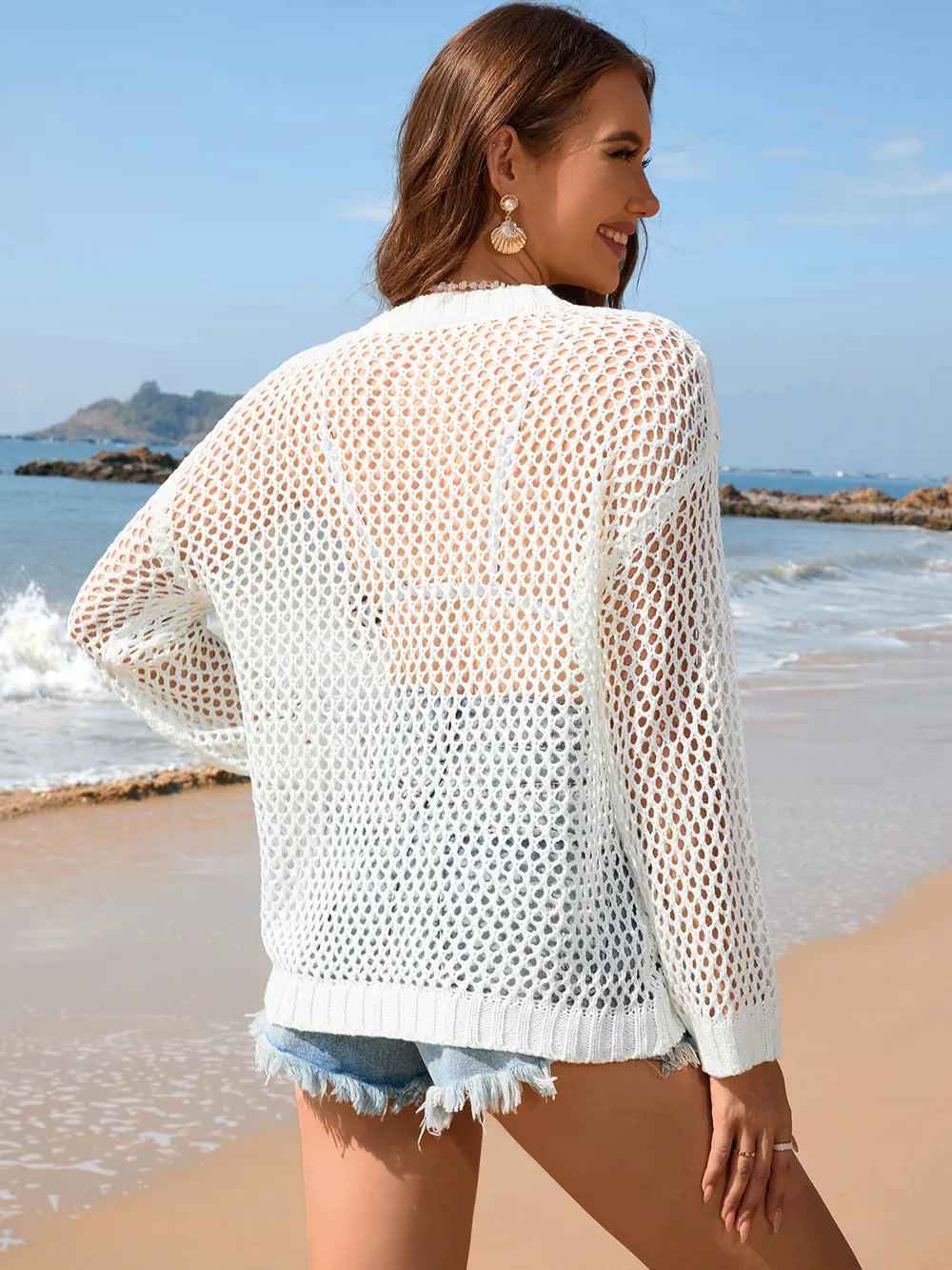Women's Knitted Shirt Round Neck Love Beach Hoodie Resort Solid Color Women's Knitted Shirt