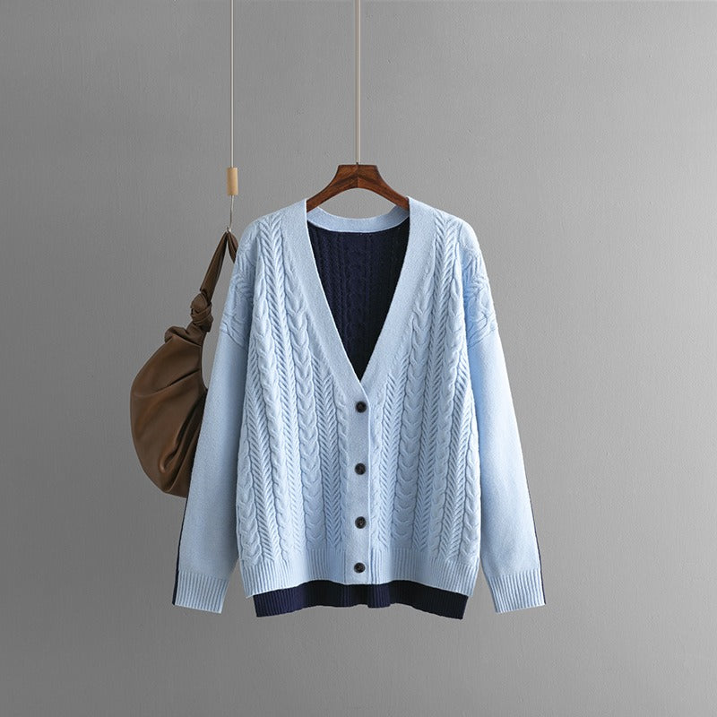 Loose color matching Fried Dough Twists V-neck knitted cardigan casual sweater coat female