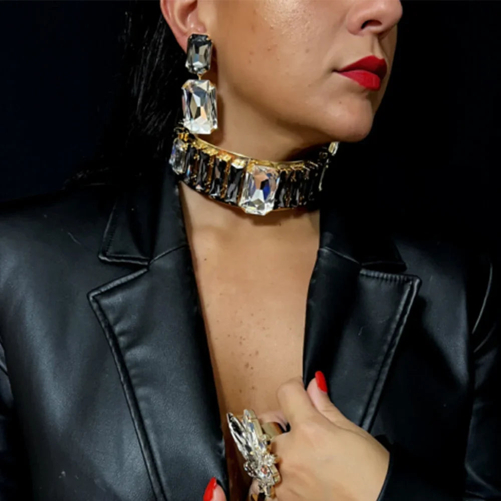 Fashion Oversize Choker Necklace Set Rhinestone for Women Wedding Indian Earring Costume Bridal Accessories Jewelry Decoration