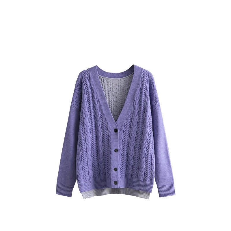 Loose color matching Fried Dough Twists V-neck knitted cardigan casual sweater coat female