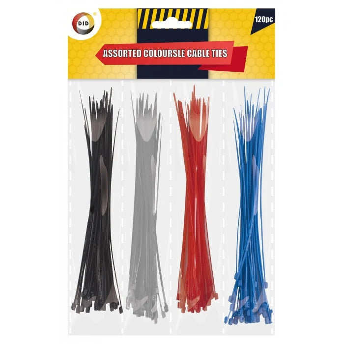 120PC Assorted Colour Cable Ties – 100mm Nylon Zip Ties in Black, Grey, Red & Blue | Strong Cable Management Ties for Home, Office, Garden & DIY