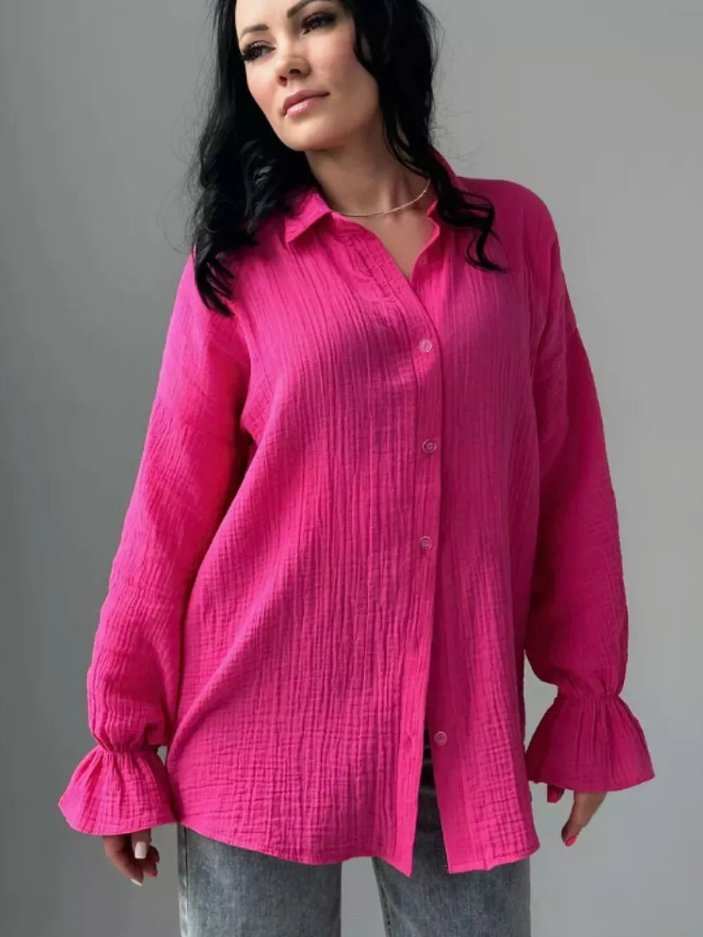 Textured Collared Neck Flounce Sleeve Shirt