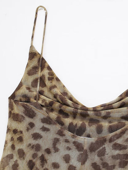 Animal print silk mesh leopard print camisole slim fit and drape dress