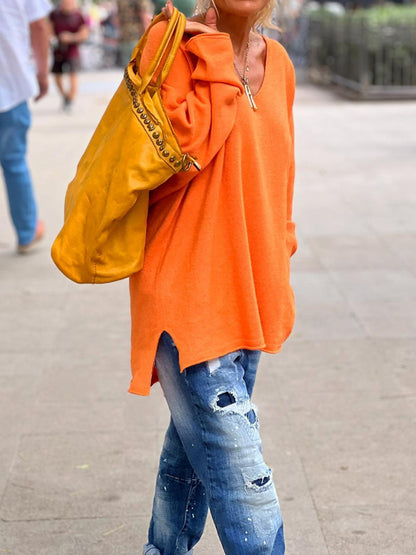 Solid color V-neck long sleeved loose casual comfortable top versatile long sleeved knitted sweater women's clothing