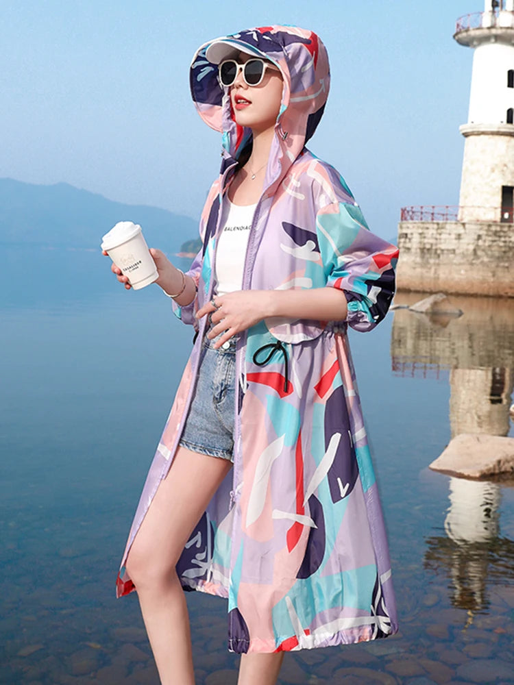 Printed mid length knee length sun protection suit, outdoor breathable lightweight jacket