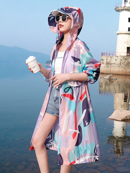 Printed mid length knee length sun protection suit, outdoor breathable lightweight jacket