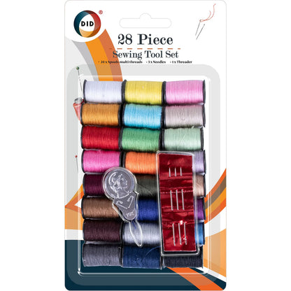 28 Piece Sewing Kit – 24 Assorted Colour Thread Spools, 3 Hand Sewing Needles & Needle Threader | Compact Sewing Repair Set for Clothes, Crafts, Home & Travel