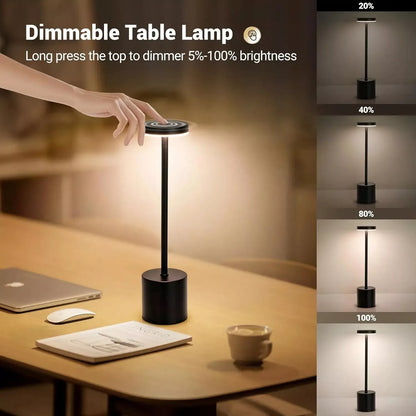 Touch Control Metal Table Desk Lamp Rechargeable Cordless Dimmable Light Black