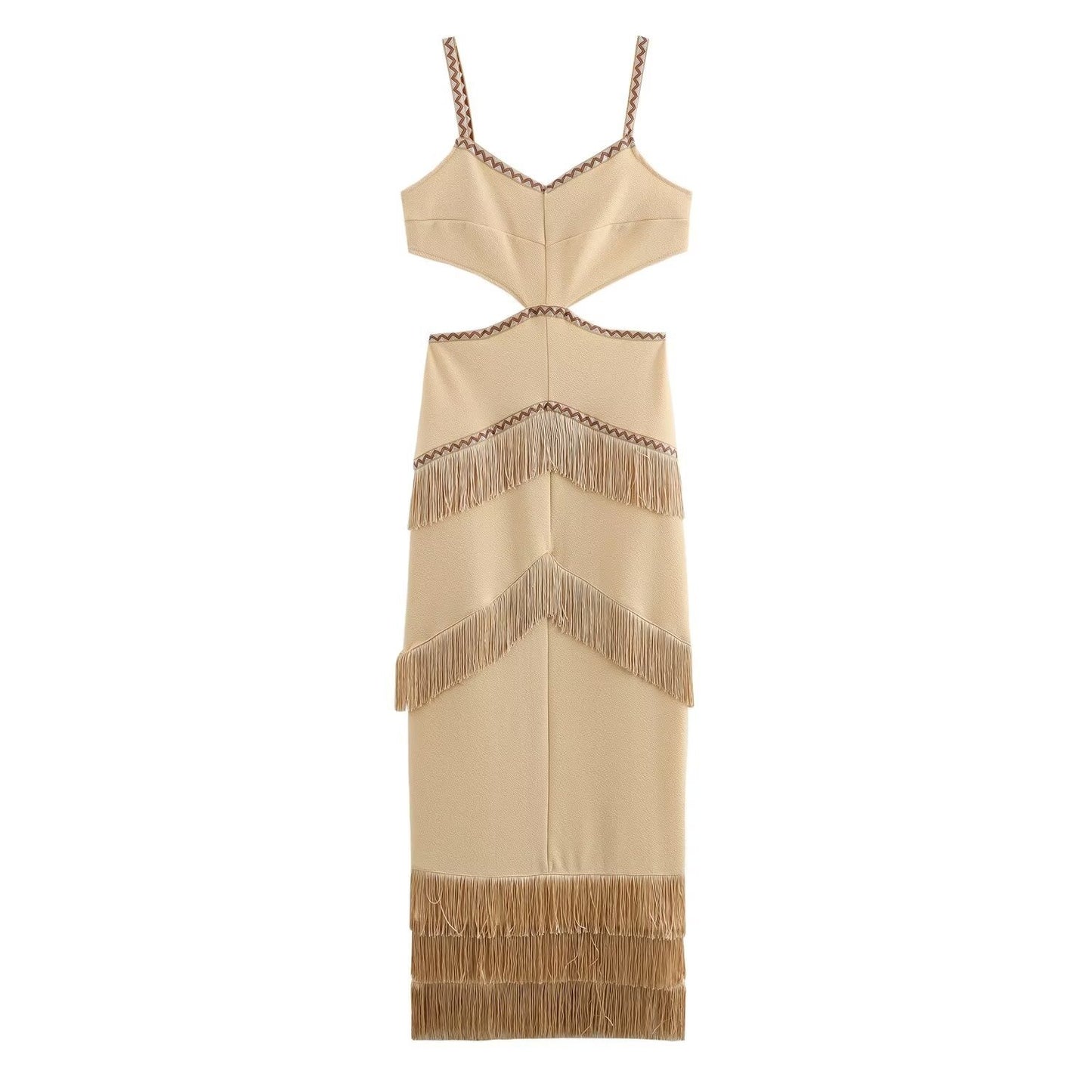 Hooded V-neck sleeveless hollow suspender tassel long dress