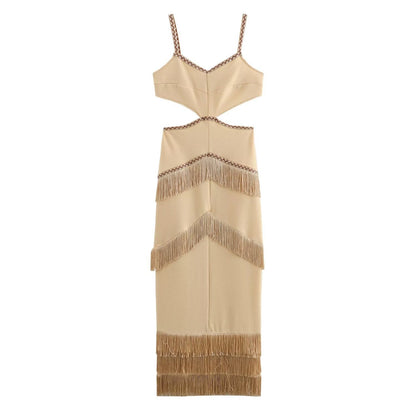 Hooded V-neck sleeveless hollow suspender tassel long dress