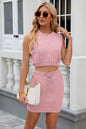 Summer new solid color round neck sleeveless top with drawstring skirt set for women