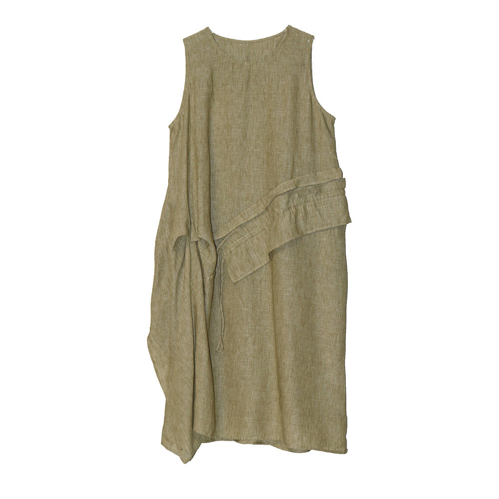 Retro Fashion Tank Top Skirt Round Neck Splicing Ruffle Edge Drawstring Mid Long Versatile Sleeveless Dress