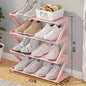 Z-shaped 4-layer shoe organizer: space-saving, wall/corner-mount, stackable, adjustable storage shelf.