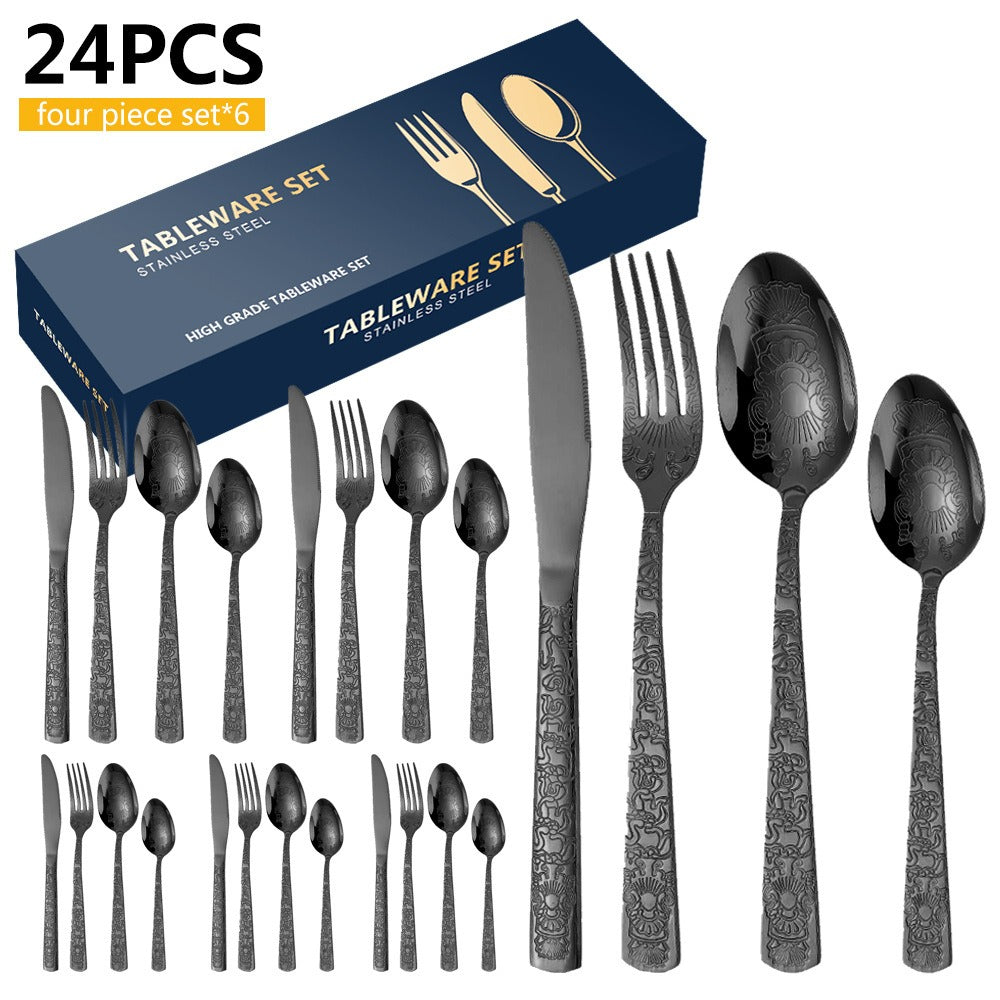 Patterned Stainless Steel Knife Fork And Spoon Cutlery 24-Piece Golden Western Steak Knife Fork And Spoon Set