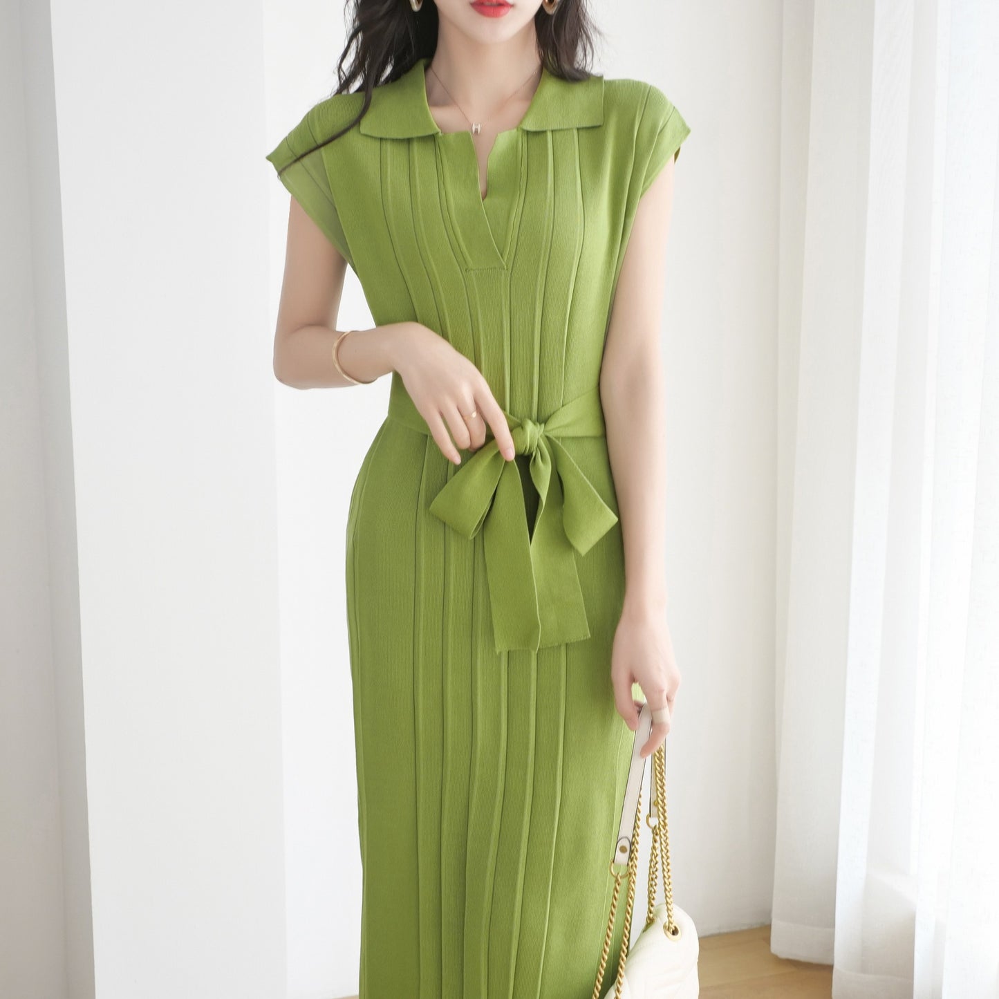 Collar loose plus size knit dress, mid length lace up dress