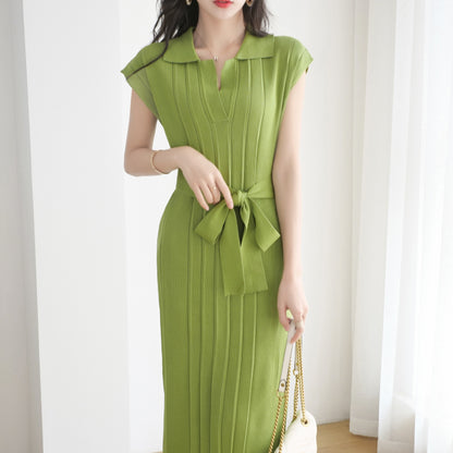 Collar loose plus size knit dress, mid length lace up dress
