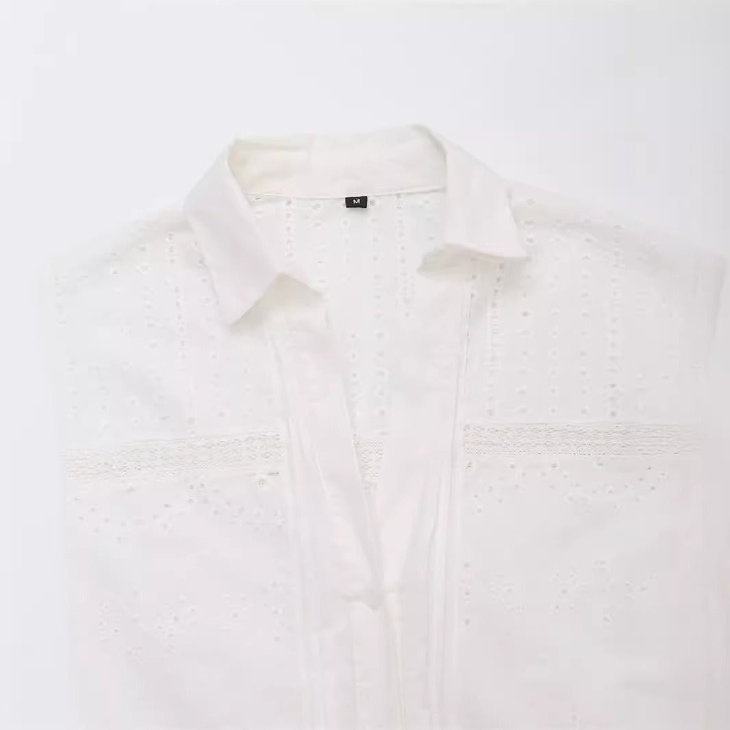 Fashionable vertical lace embroidered long sleeved loose shirt