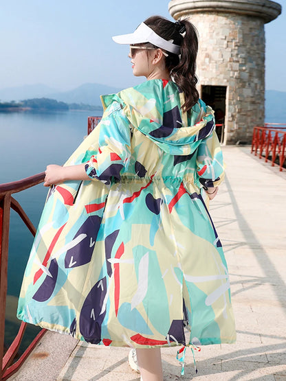 Printed mid length knee length sun protection suit, outdoor breathable lightweight jacket