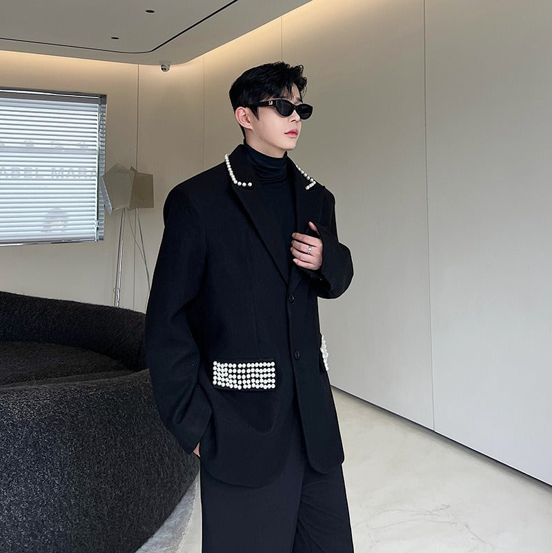 Oversize suit silhouette designed by male and female designers with bead embellishment woolen suit trend single west