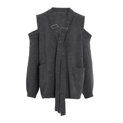 Off shoulder loop with V-neck knitted cardigan women's trendy silhouette single breasted long sleeved gray knitted top