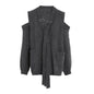 Off shoulder loop with V-neck knitted cardigan women's trendy silhouette single breasted long sleeved gray knitted top