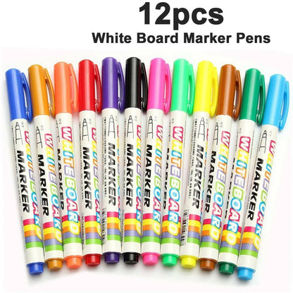 12 X Mixed Colour White Board Pens Bright Markers Fine Bullet Tip Easy Dry Wipe