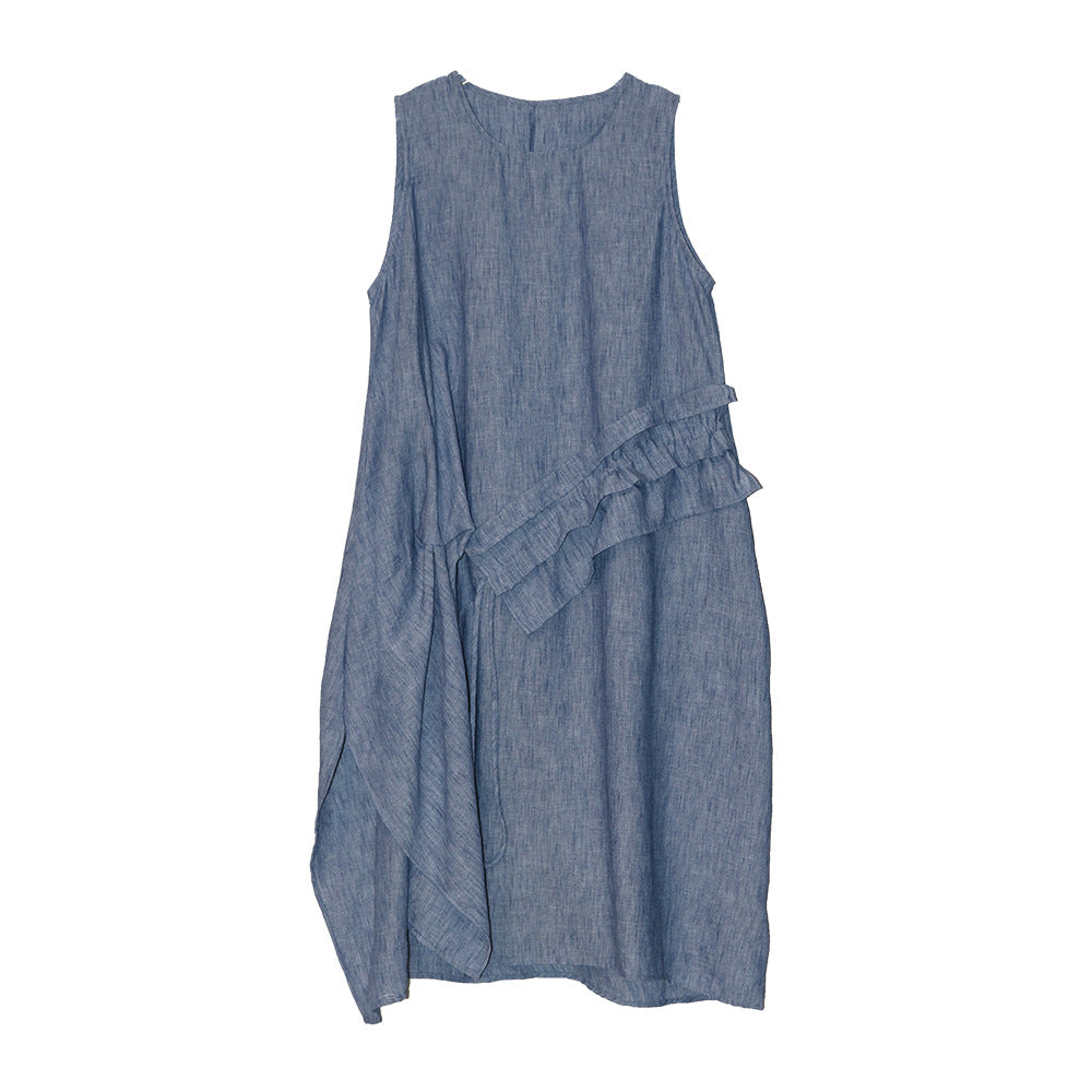 Retro Fashion Tank Top Skirt Round Neck Splicing Ruffle Edge Drawstring Mid Long Versatile Sleeveless Dress