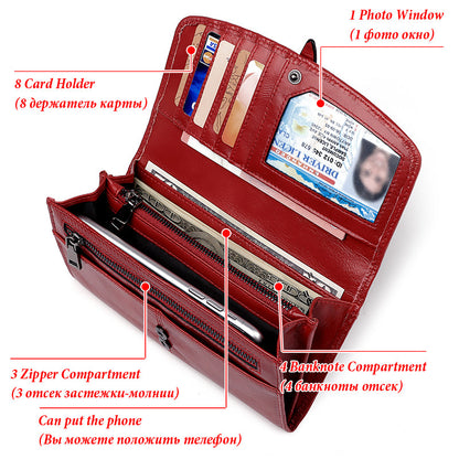 New Ladies Leather Wallet RFID Long Zipper Retro Women's Wallet Large Capacity Women's Bag