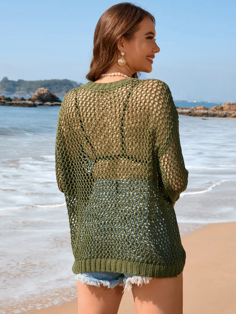 Women's Knitted Shirt Round Neck Love Beach Hoodie Resort Solid Color Women's Knitted Shirt