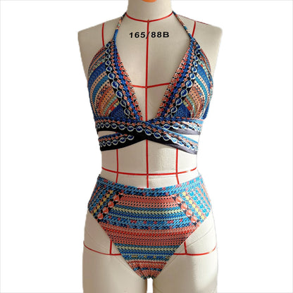 Three piece swimsuit women's tight bikini cross tie high waisted sun protection swimsuit women